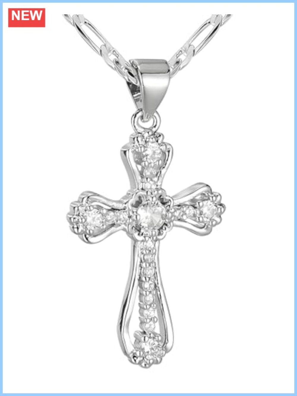 14K Gold Plated Cross Necklace CZ Pendant Figaro Chain Women Jewelry Gift